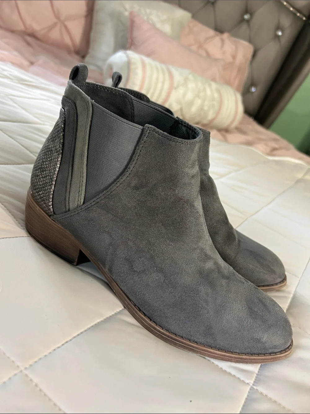 Grey Suede Chelsea Ankle Booties with Textured Heel